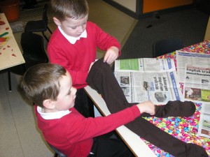 We've made our own Stick Man from newspaper and tights!